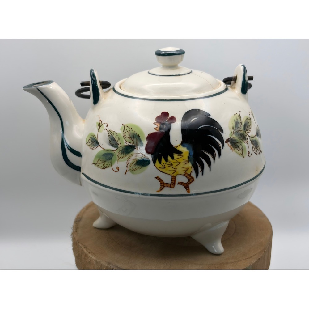 Vintage Hand Painted Rooster Sunflower Ceramic Teapot with Metal Coil Handle